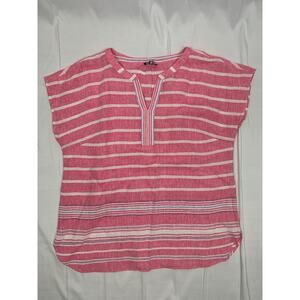 Talbots Women’s Pretty Pink White Blue Stripe Linen Short Sleeve Blouse Size MP